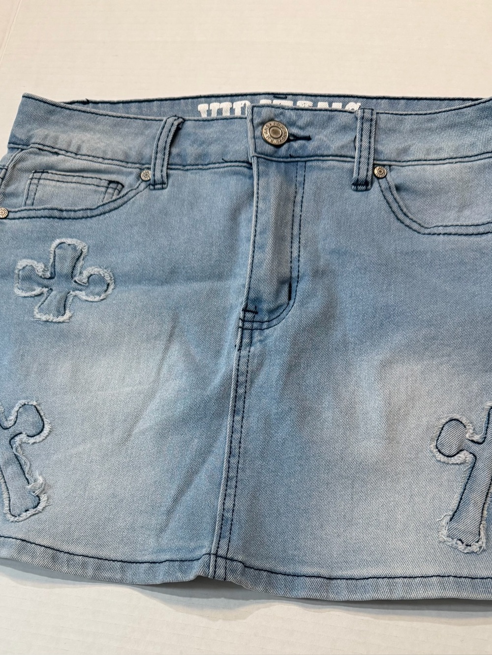 VIP Light Blue Denim Skirt with Cross Appliqués